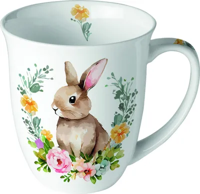 Produktbild von Tasse aus Porzellan Cute Easter Rabbit - Hase hinter Blumenkranz 0,4L, Höhe 10,5cm Ambiente Tasse Kaffeetasse Teetasse Ostern