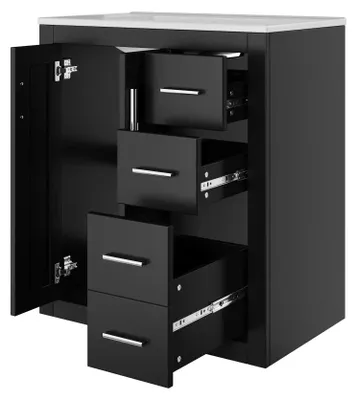 Obrázok produktu pre Skrinka do kúpeľne s integrovaným keramickým umývadlom – 76 x 46,5 x 85,5 cm – 3 zásuvky – 2 dvierka – Tiché výsuvy – Systém jemného dovierania – Čierna farba