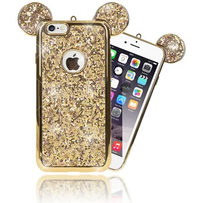 Immagine prodotto di Custodia per cellulare Apple iPhone 6 6S di NALIA, cover posteriore glitterata con orecchie di topo oro