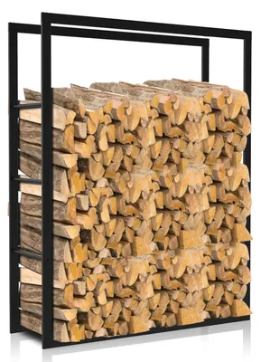 Zdjęcie produktu dla Półka na drewno kominkowe Ikodm, wymiary 150 × 80 × 25 cm, metalowa, kolor czarny, modułowa konstrukcja, udźwig do 150 kg