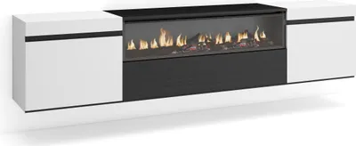 A modern TV cabinet with a built-in electric fireplace, presented against a white background.