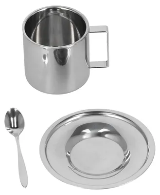 Immagine prodotto di Set da 3 pezzi: tazze da caffè isolate in acciaio inossidabile a doppia parete per latte e tè, con piattino e cucchiaino – 280 ml