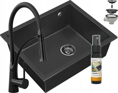 Produktbild von Granitan | Granitspüle Salix mit Wasserhahn - Schwarz - Einbau, langlebig, minimalistisch, mit Nexo Armatur