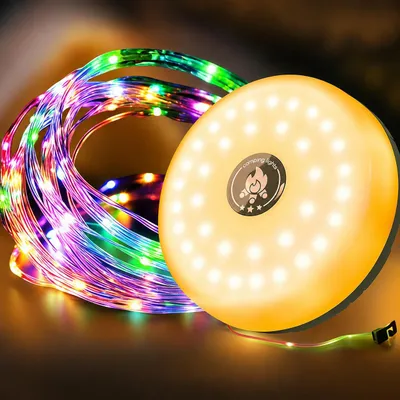 Produktbild von 3-in-1 RGB Lichterketten Aufrollbar Campingausrüs,5 Leuchtmodi,Tragbare LED Campinglampe,USB wiederaufladbar Campingleuchte,außen 10m