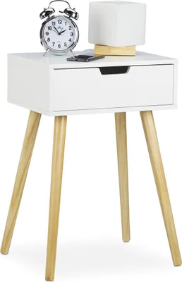 Produktbild von Relaxdays Nachttisch weiß, modernes & skandinavisches Design, 1 Schublade, für Boxspringbett, HBT 60x40x30cm, weiß/natur