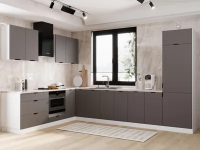 Produktbild von Winkelküche – L-küche – Eckküche – Küchenblock – KU-S63 – 230 × 340 cm – Lunara – Dunkelgrau – Ohne Arbeitsplatte & Elektrogeräte