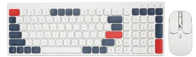 Image de Ensemble clavier-souris sans fil 2,4 GHz, touches rondes, design ergonomique, recharge par port Type-C, compatible avec téléphones, tablettes et bureau, blanc et bleu