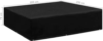 A black rectangular outdoor furniture cover is shown from a slightly elevated angle, with dimensions indicated by text overlays.