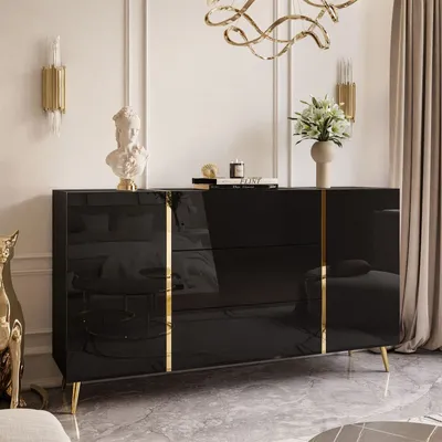 Produktbild von Kommode mit Schubladen ONYX auf goldenen Beinen Hochglanz 158 cm Schwarz / Schwarz hochglanz