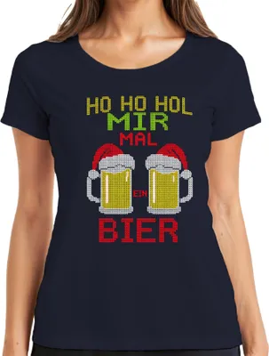 Produktbild von Ho Ho hol mir mal ein Bier Weihnachtsstrick Bierkrug Bierliebhabe Damen T-Shirt, Navy, M