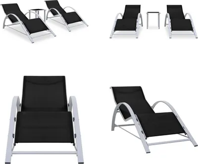 Produktbild von vidaXL Sonnenliegen 2 Stk. mit Tisch Aluminium Schwarz - Gartenliege - Gartenliegen - Sonnenliege - Sonnenliegen