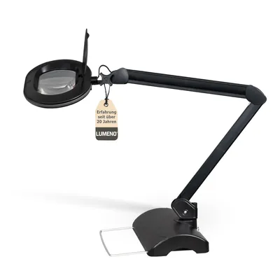 Produktbild von Lumeno 861XSW Lupenleuchte/Arbeitsplatzlampe 60 LEDs ovale Linse Gummiring Schwarz, 5 Dioptrien mit Tischstativ