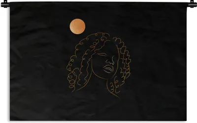 Produktbild von MuchoWow® Wandteppich Wandbehang Frau - Mond - Strichzeichnung - Schwarz und Gold 120x80 cm Tapisserie Dekoration Wandtuch - Wanddekorationen - Wandtücher