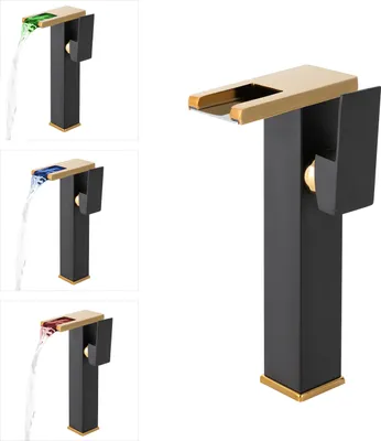 A collage of a modern bathroom faucet with LED lights showing different water colors.