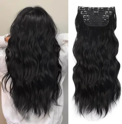 Produktbild von XFSRG 4 Stück Clip in Haarverlängerungen Wellig Haarteile Clip in Extensions Haarextension Hair Extensions für Mehr Volumen und Längere Frisuren mit Sicherem Halt für Damen (Schwarz)