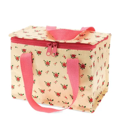 A floral insulated lunch bag with pink handles and zippers, set against a white background.