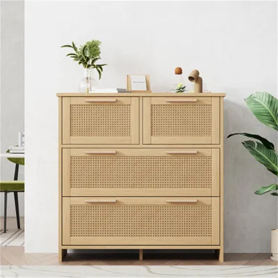 Image de Commode AIORBER, rotin, poignées en bois massif, matériau aggloméré, sécurité anti-basculement, grand espace de rangement, convient pour l'entrée, le salon, 80x80x38cm, naturel