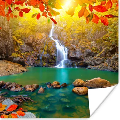 Produktbild von MuchoWow® Poster Steine - Baum - Wasserfall - Herbst - Rot 50x50 cm - Wohnzimmerdekoration
