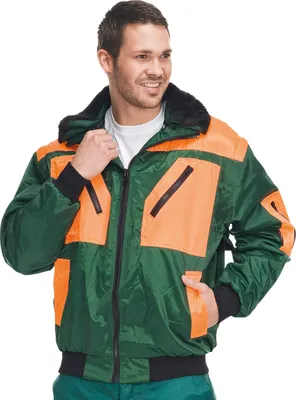 A man wearing a green and orange pilot jacket.