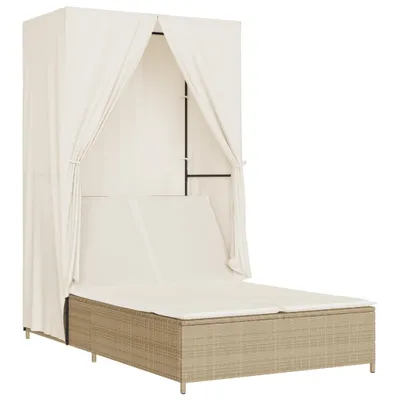 Produktbild von Doppel-Sonnenliege mit Dach und Vorhängen Beige Poly Rattan