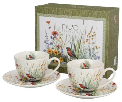 Produktbild von DUO | Teetasse - Tasse - 2er Set - Kaffeetassen und Untertassen - 270 ml - aus Porzellan - Blumenmotiv - Juli