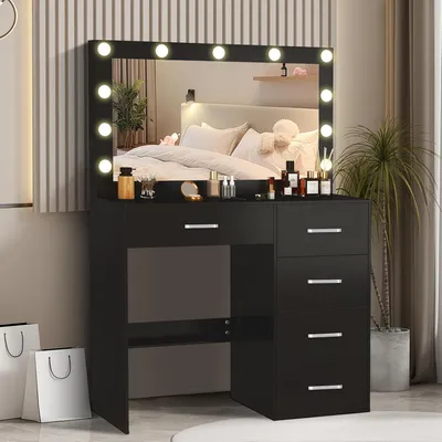 Zdjęcie produktu dla Toaletka z lustrem i taboretem czarna oświetlenie LED 80x34x130cm