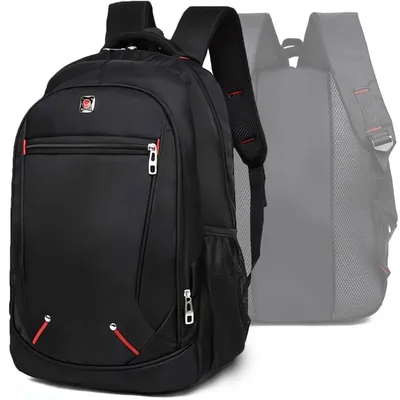 A black rucksack is shown from the front, with a faded grey rucksack behind it.