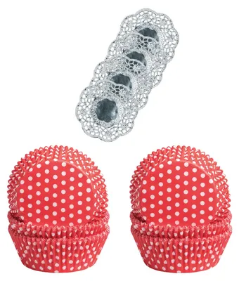 Produktbild von Demmler Muffinförmchen 2er Set - Punkte Weiß/Rot - Inklusive 4 Tassendeckchen in Silber - zum Backen und Verzieren von leckeren Muffins/Kuchen