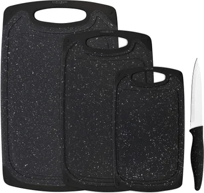 Produktbild von Schneidebrett-Set, 4-teilig, inkl. Messer, Granit-Look, schwarz