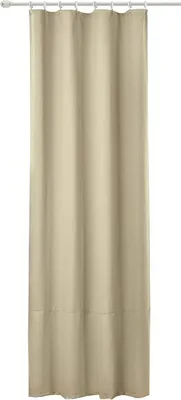 A single beige curtain hanging from a curtain rod.