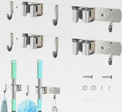 Produktbild von Besenhalterung Wand, Besen Halterungen - Robuste Halterung mit Mehreren Haken und Vielen Aufbewahrungsmöglichkeiten, Ideal für Garten, Garage und Werkstatt, Universell Einsetzbar Grau 2er Set
