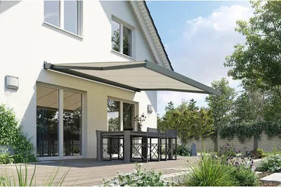 Produktbild von SOLUNA Kassettenmarkise Modern 5,5x3 Stoff Dessin 320923 Gestell RAL 7016 anthrazitgrau links inkl.Motor und Wandschalte