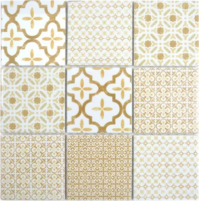 Produktbild von Keramik Mosaik weiss beige braun Patchwork Ornament Nachbildung Vintage Mosaikfliese Wand Fliesenspiegel Küche Bad MOS22B-WB12