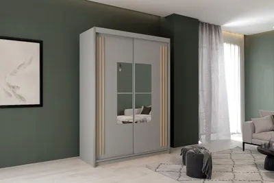 Produktbild von Kleiderschrank JAMAJKA 150 cm Schiebetürenschrank  mit Spiegel Grau + Wotan Lamellen