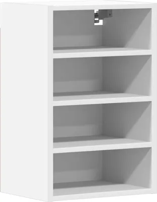 A white, four-shelf cabinet shown from the front.
