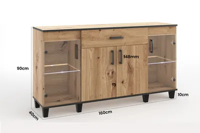 Image de Buffet Commode Vanessa II Armoires Verre Bois Meubles Salon Armoire de salon 160 cm sans éclairage LED
 (chêne Artisan et noir)