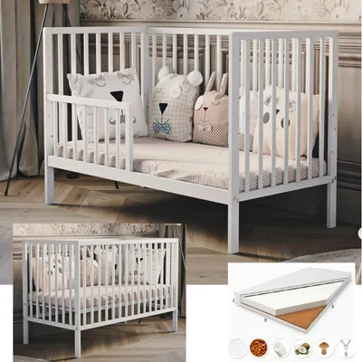 Obrázek produktu pro Dětská postýlka 120x60 cm s boční zábranou a vysoce kvalitní matrací pohanka–kokos
