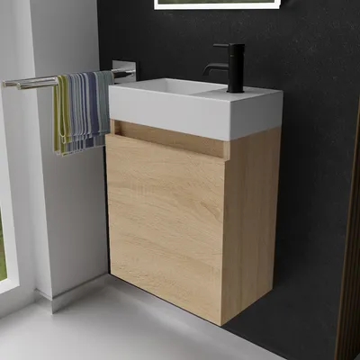 Produktbild von Alpenberger Gäste WC Waschbecken mit Unterschrank 45 cm | Badezimmerschrank Schmal | Badmöbel Set Waschplätze für Kleine Bäder | Waschbeckenunterschrank