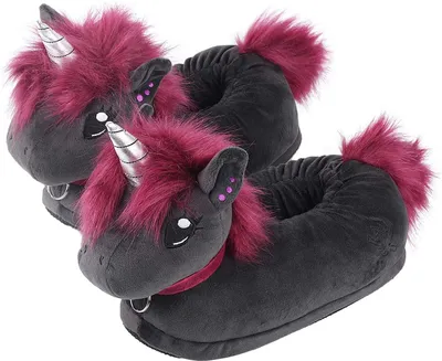 Produktbild von EU Einheitsgröße 44-48 Plüsch Hausschuhe Pantoffeln Generation 1 Ruby das Punk Einhorn (anthrazit/lila)