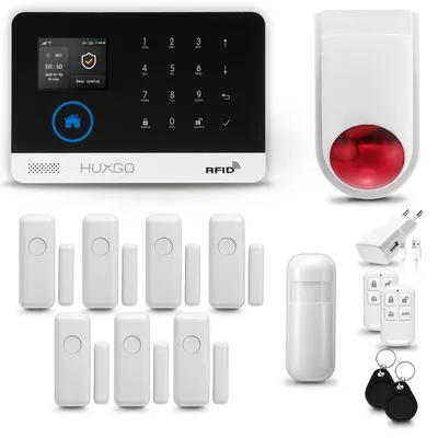 Produktbild von HUXGO HXA003 Alarmanlage Haus WiFi + GSM 4G mit Funk Sirene, Alarm System mit 1x Bewegungssensor und 7x Tür- Fenstersensor