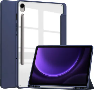 A tablet case with a transparent back and a blue cover is shown, with a tablet inside displaying a purple screen. A stylus is attached to the case.