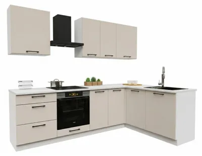 Obrázek produktu pro Rohová kuchyňská linka - 260x170 cm - Béžová matná - MDF - s bílou pracovní deskou - moderní sestava nábytku - DENIS