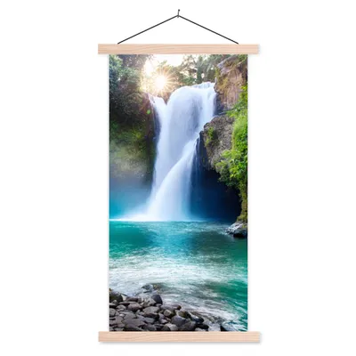 Produktbild von MuchoWow® Textilposter Wasserfall - Steine - Landschaft - Pflanzen - Wasser 60x120 cm mit holzfarbenen Rahmen - Holz