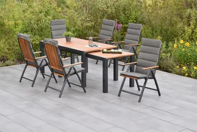 Produktbild von Merxx Gartenmöbel Set Athos 13tlg., 6 Klappsessel inkl. Kissen, Flex Ausziehtisch 180 (180) x 100 (83) x 80 (74) cm- Aluminium/Akazie/Textil