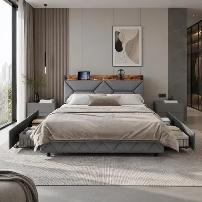 Image de Lit en métal INONEFT, lit rembourré 160x200 avec 4 tiroirs, lit pour adolescents avec fonction de charge USB, structure de lit avec tête de lit intégrée et espace de rangement, couleur gris lin, Image générée par une IA