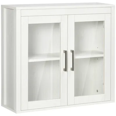 Produktbild von kleankin Wand-Badezimmerschrank mit 2 Glastüren und verstellbarem Regal, Badezimmer-Hängemöbel für Küche, Schlafzimmer, WC, moderner Stil, 60 x 19,5 x 54 cm, Weiß