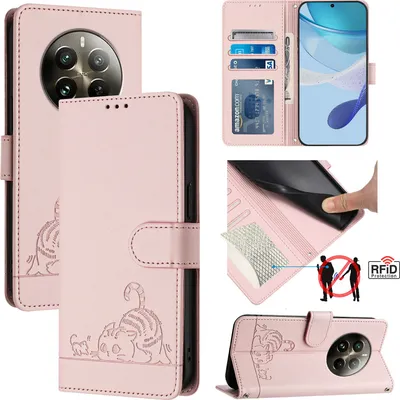 Produktbild von Leder Hülle für Realme 12 Pro/Realme 12 Pro+ Süße Katze Flip Case Brieftasche Schutzhülle mit Standfunktion Pink