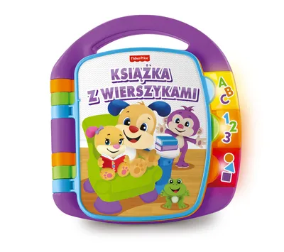A Fisher-Price baby music book with colorful buttons and illustrations of cartoon characters.