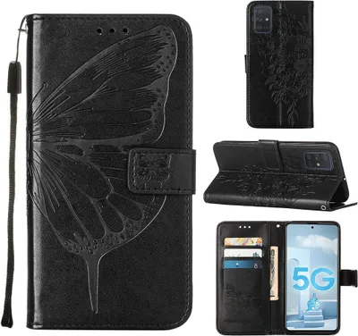Produktbild von Galaxy A51 5G Hülle, Schmetterling Prägung Flip Leder Kartenfächer Schutzhülle Ledertasche mit Ständer für Samsung Galaxy A51 5G Schwarz