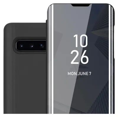 A close-up view of a smartphone with a black case and a reflective screen displaying the time and date.
